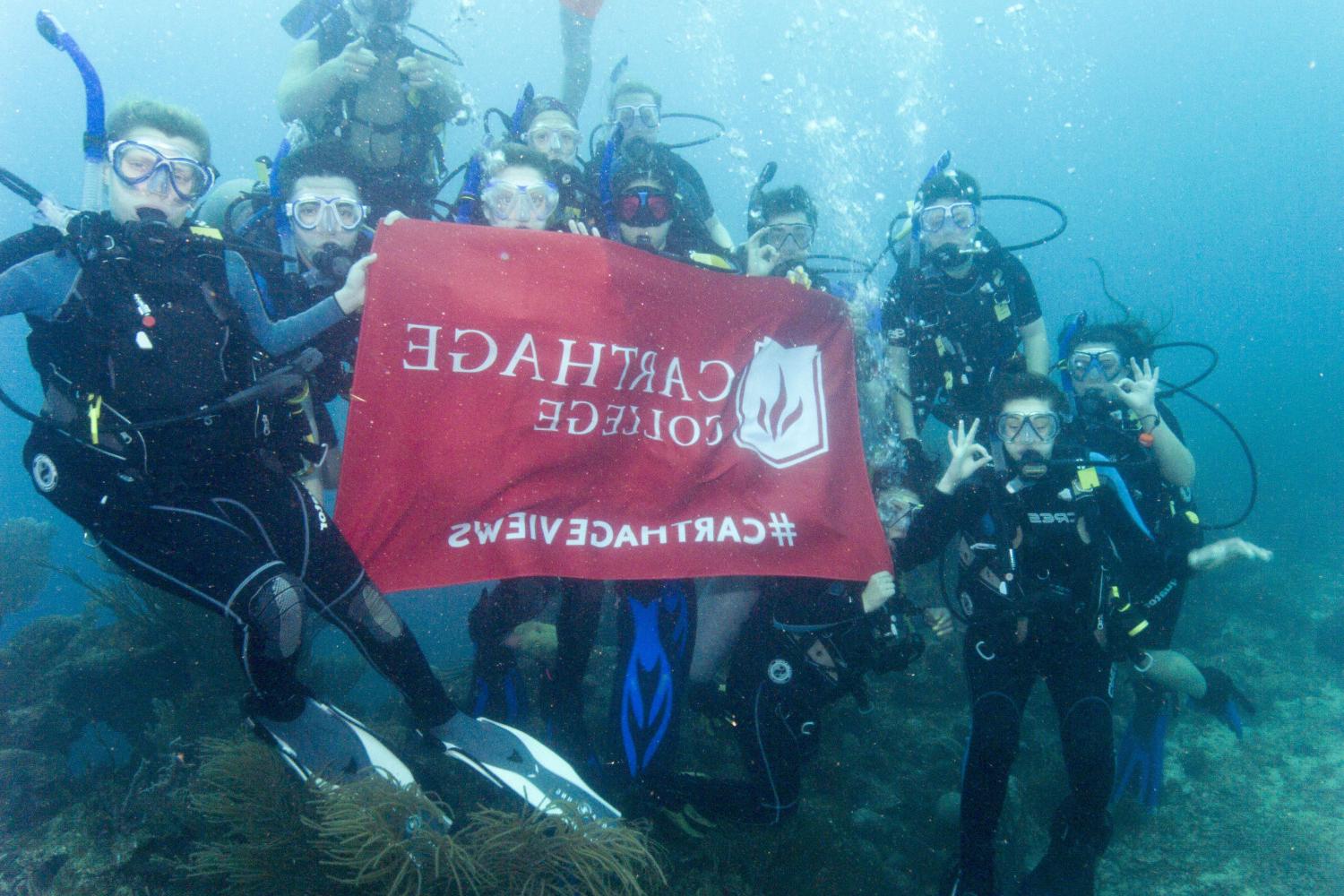 学生们手持<a href='http://3u.ruidanet.com'>bv伟德ios下载</a>旗帜，在j学期洪都拉斯游学之旅中潜水.